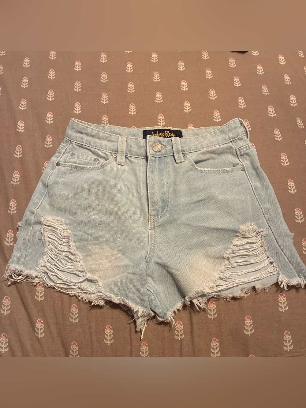 Light Wash Frayed High-Rise Jean Shorts by